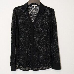 MAURICES Black Long Sleeve Sheer Lace Button Blouse; Size S